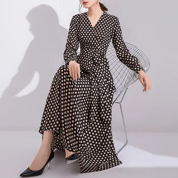 

French Polka Dot Dress Female 2020 Summer New Korean Version of the Vintage Hepburn Wind Long-Sleeved V-neck Big Dresses