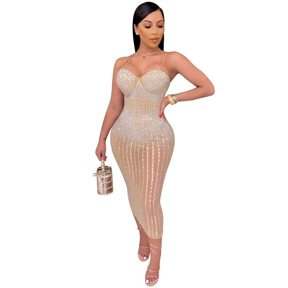 thumbnail image 1 of Vestido de cumpleaños con brillantes diamantes de imitación para mujer, vestido de malla transparente con tirantes finos, sin tirantes, vestido ajustado midi, vestidos de fiesta sexys para discoteca, 1 of 5