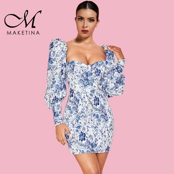 

Maketina 2019 New Summer White Long Sleeve Bodycon Bandage Sexy Square Collar Mini Floral Bodycon Dress Evening Party Dress