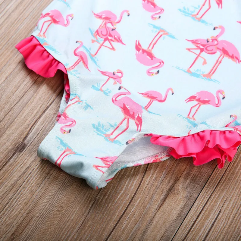 Детский купальный костюм-бикини без рукавов с рюшами и принтом фламинго для маленьких девочек одежда для купания, Цельный купальник, одежда для детей от 2 до 7 лет