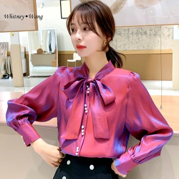 

WHITNEY WANG Blouses 2020 Spring Fashion Elegant Pearls Buttons Bow Metallic Blouse Women Satin Blusas Lady Shirt Top