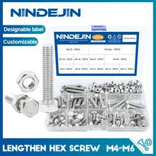 

NINDEJIN Lengthen External hex hexagon head screws set with full thread M4 M5 M6 stainless steel bolt and nuts kit DIN933