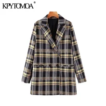 Винтажный стильный двубортный клетчатый Блейзер, пальто для женщин,, модный Зубчатый воротник, длинный рукав, офисная одежда, верхняя одежда, шикарные топы