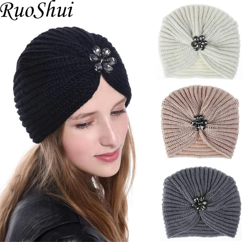 

1 pc Fashion Warm Winter Autumn Women Girls Bohemian Style knitted Cap Hair Accessories Turban Solid Color Muslim hat Headwear