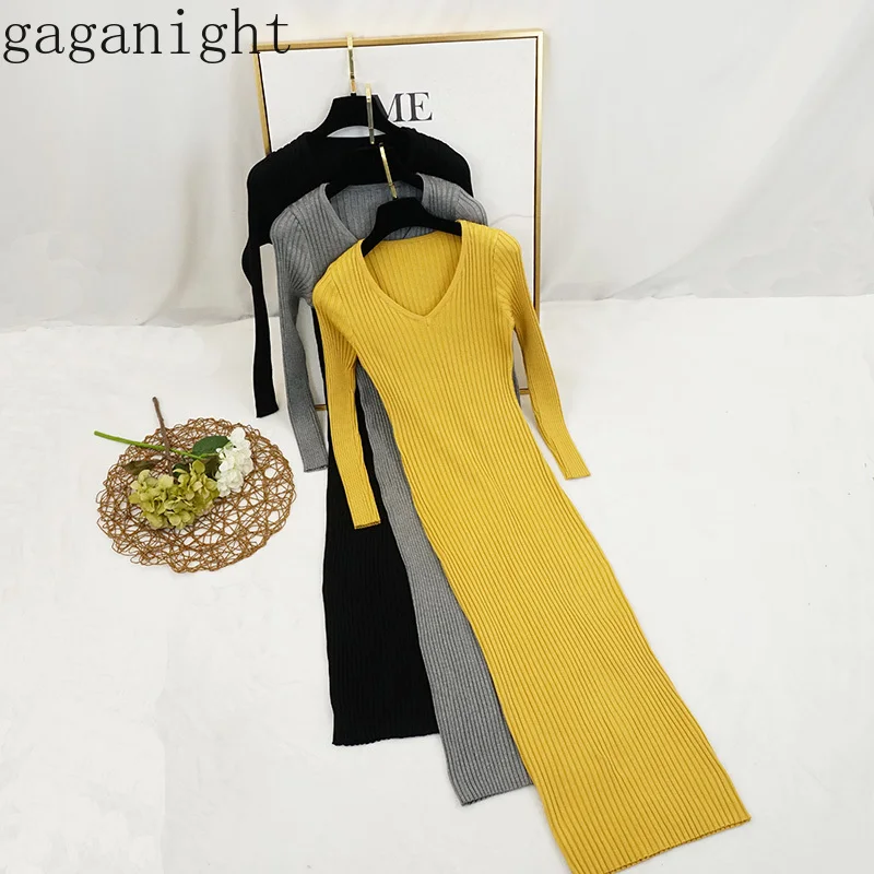 

Gaganight Solid Women Knitted Dress Bodycon Long Sleeve V Neck Basic Stretch Slim Dresses Female Long Party Vestidos Chic Robe