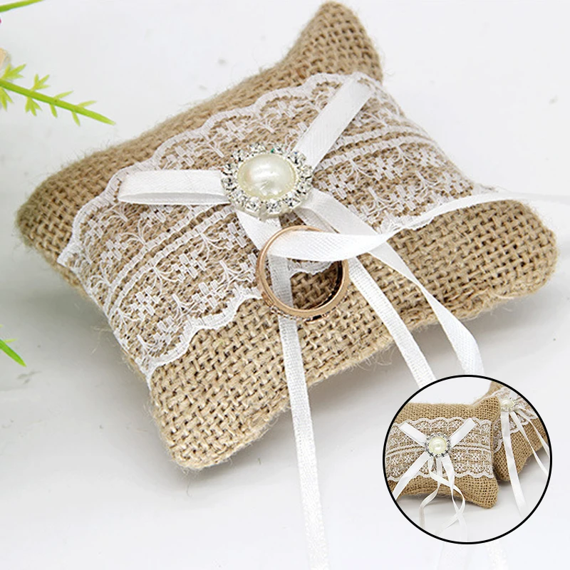 Vintage Rustic Wedding Ring Pillow for Wedding Decoration Linen Lace Rhinestones Pearl Decor with Ribbons