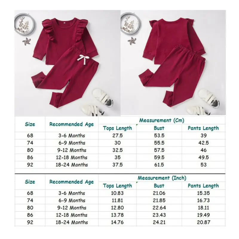 Комплект одежды для маленьких детей, одежда для новорожденных девочек модная зимняя футболка с оборкой, топ, штаны, брюки, комплекты для детей от 0 до 24 месяцев