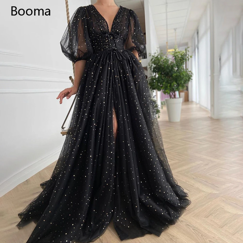Booma Black Starry Tulle Prom Dresses Sparkly V-Neck Half Puff Sleeves Ruched Wedding Party Dresses Slits Long A-Line Prom Gowns