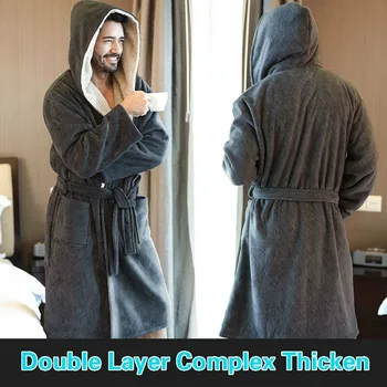 

2020 New Nordic Winter Male Bathrobe Gray Comfort Flannel String Hooded Bath Robe Men Thick Warm Long Dressing Gown