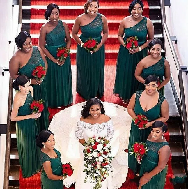 

2020 African Hunter Bridesmaid Dresses One Shoulder Lace Chiffon Wedding Party Guest Gowns Formal Wear Long Maid Of Honor Dress