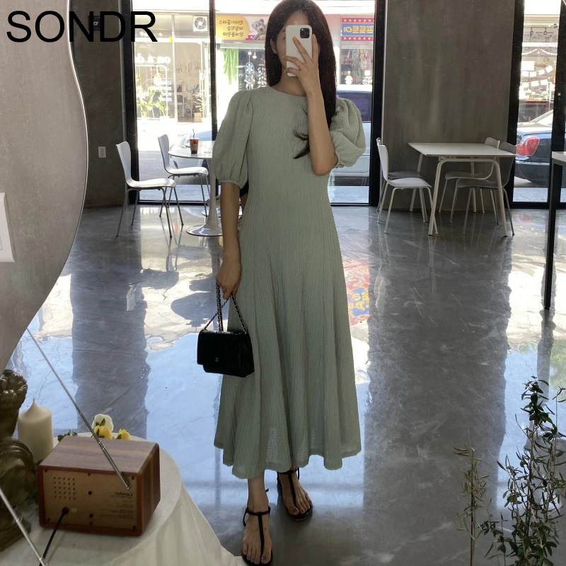 

One Piece Korea Dress Cotton Linen Lady Long DressVi2020 Summer Women New Dress Puff Sleeve Single Breasted Casual Loose Dresses
