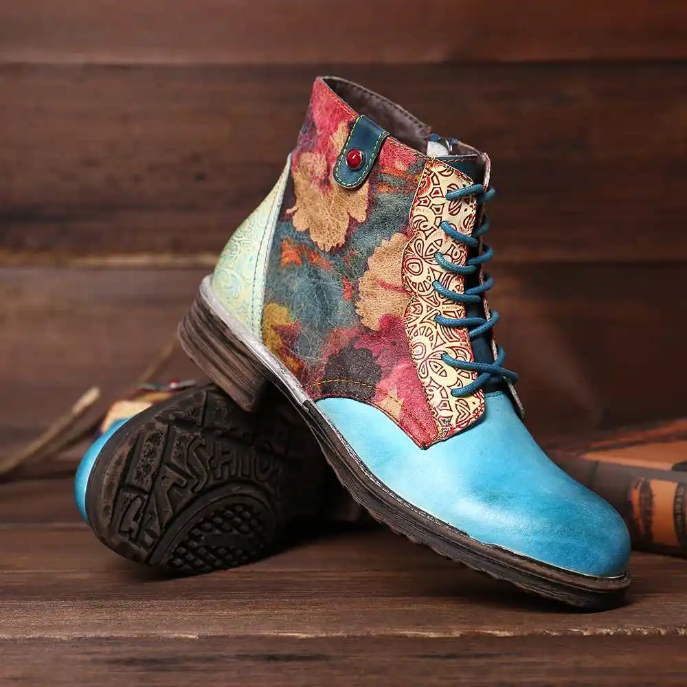SOCOFY/Botas Mujer; ботинки с цветочным узором из натуральной кожи на молнии; короткие ботинки на плоской подошве со шнуровкой; женская обувь; женская зимняя обувь