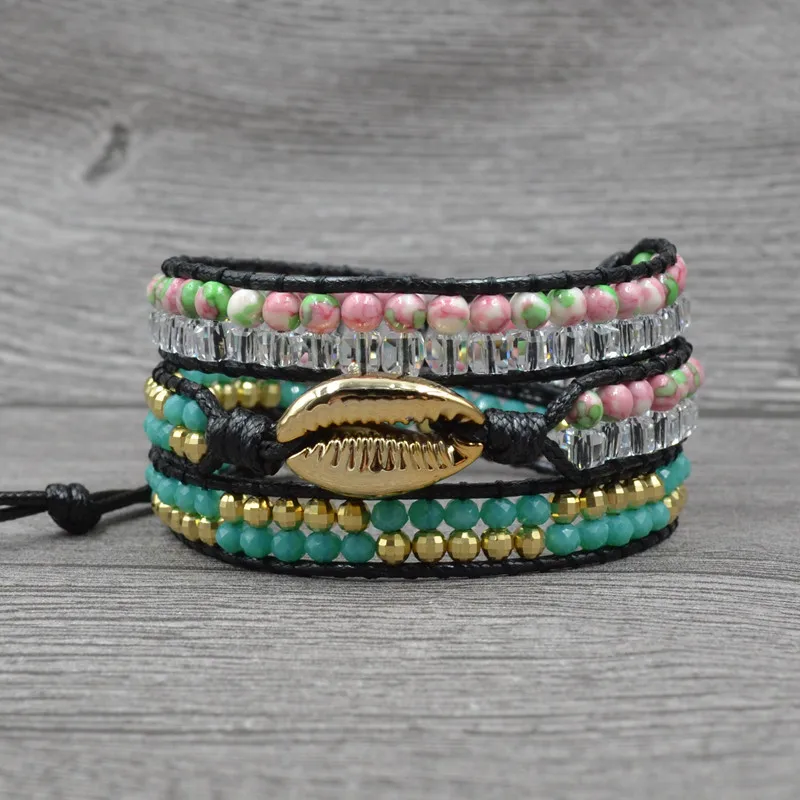 

Boho Bracelet Natural Stone Leather Wrap Square White Crystal Shell Handmade Beaded Energy Yoga Charm Bracelets for Women