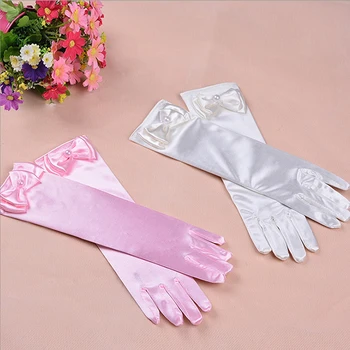 

Children's Dance Gloves Princess Dress Long Tube High-grade Satin Stretch Gloves Flower Girl Wedding Dress Bow with Beads Gloves