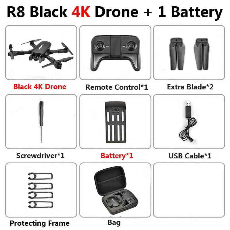 R8 1808 Drone with Dual Camera 1080P 4K PX1600W HD WiFi FPV Optical Flow Automatic Beauty RC Quadcopter Helicopter XS816 SG106 - Цвет: 4K Black 1B Bag