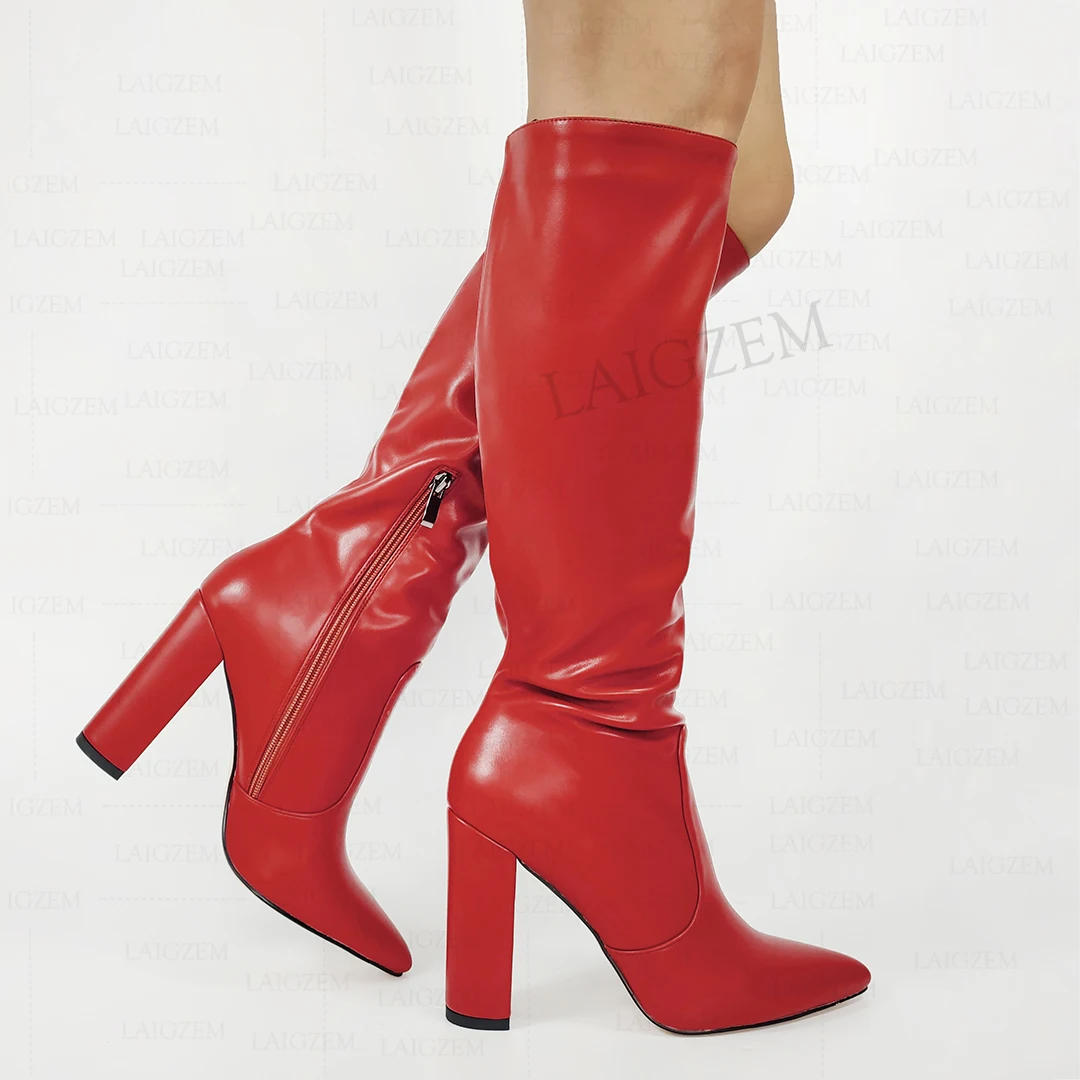 

DOHBANER Women Knee High Boots Side Zip Block Thick Heels Boots Faux Leather Office Ladies Basic Shoes Woman Big Size 39 41 43