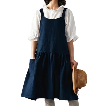 

Washable Cotton Linen Kitchen Apron with Pockets for Cooking Baking Flower Shop Cute Aprons for Woman Dress