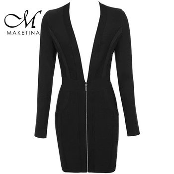 

Maketina 2019 New Arrival Summer Women Bandage Dress Sexy Black V Neck Long Sleeve Mini Deep V High Quality Bandage Dress