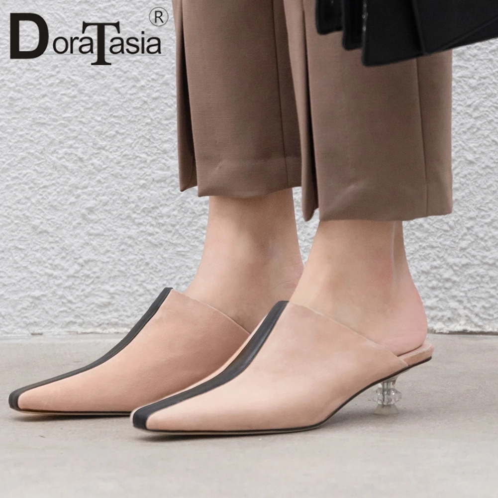 

DORATASIA Ladies Summer Comfort Leather Insole Mules Summer Holiday slip-on Pumps Women Med Heels Natural Suede Shoes Woman