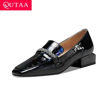 

QUTAA 2021 Fashion Autumn Square Toe Cow Leather+PU Ladies Pumps Slip On Chain Square Low Heel Women Single Shoes Size 34-42