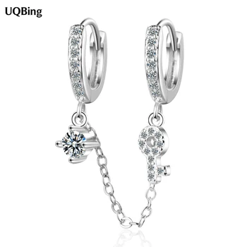 

925 Sterling Silver CZ Zircon Double Round Circle Crystal Chain Key Charms Clip Earring For Women Birthday Gifts Jewelry