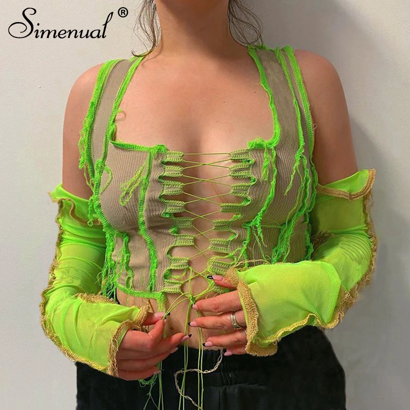 

Simenual Ribbed Mesh Patchwork Lace Up Crop Tops Women Long Sleeve Bandage Hollow Out Sexy Hot Clubwear Open Shoulder T Shirts