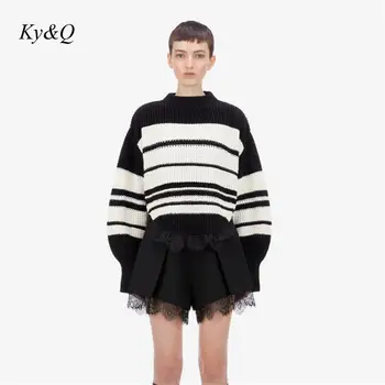 

Brand Designer 2019 Winter Women Striped Patchwork Lace Long-sleeved Sweater O-neck Pullover Runway Office Luxury Runway Tops