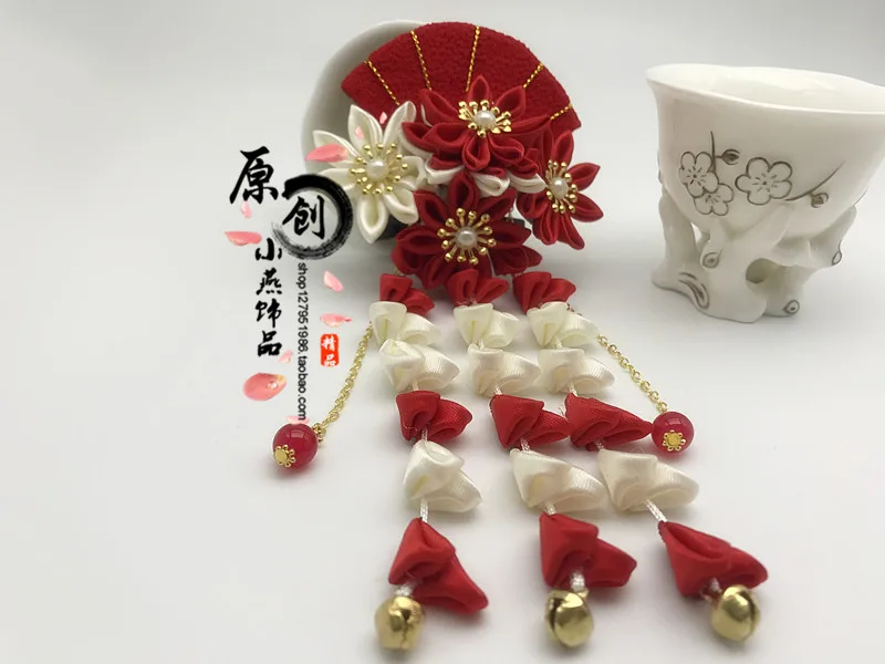 Японский винтажный ручной работы веер гейши цветок красный заколка для волос шпилька аксессуары для японской одежды firkete/Horquilla