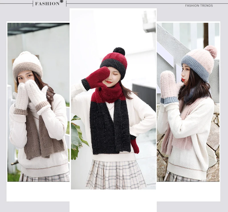 Женская зимняя шапочка-шарф и наборы перчаток трикотажные хлопковые Модные Женские однотонные теплые шапочки шапки с шарф с помпонами наборы перчаток