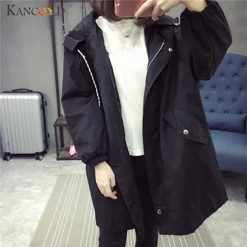 

KANCOOLD 2019 Spring Autumn Trench Coat Women Casual Long Sleeve Hooded Medium Long Female Overcoat Plus size loose Windbreaker