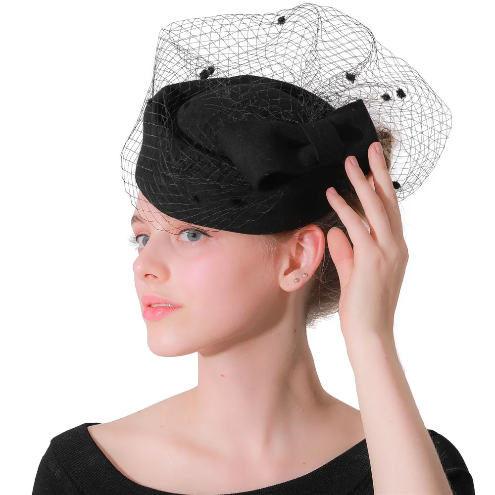 

Black Wool Mesh Fascinators Hats Wedding Bow Fedora Women Elegant Veils Chapeau Hat Bridal Married Headwear Hair Clips Headpiece