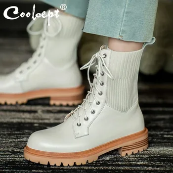 

Coolcept Real Leather Women Ankle Boots Stretch Cross Strap Shoes Warm Boots Fashion Women Footwear Size 34-39