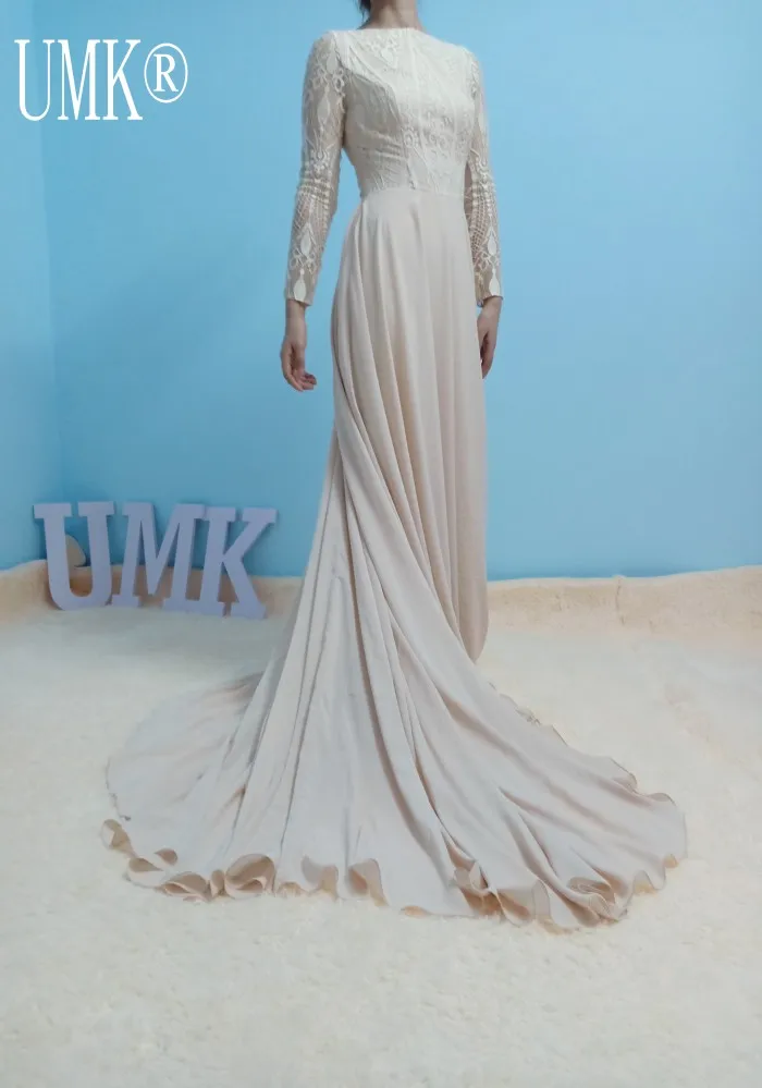 UMK Шампанское шифон пляжное свадебное платье кружева с длинным рукавом Boho Vestido De Noiva сексуальные свадебные платья с глубоким вырезом на спине реальные фотографии
