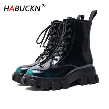 

HABUCKN Fashion High quality cowhide European and American style lace up Retro Thick bottom Simple and versatile ankle boots