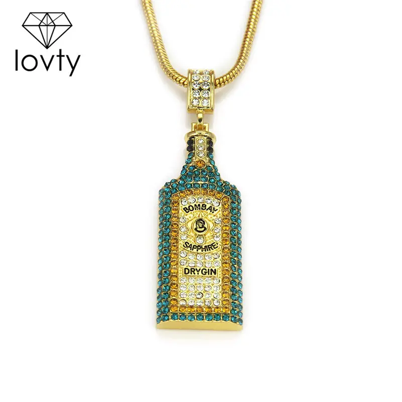 

Big Wine bottle Necklaces Full Rhinestone Iced Out Pendants Hip Hop Men Women Gold Color Vogue Jewelry For Rocker U3