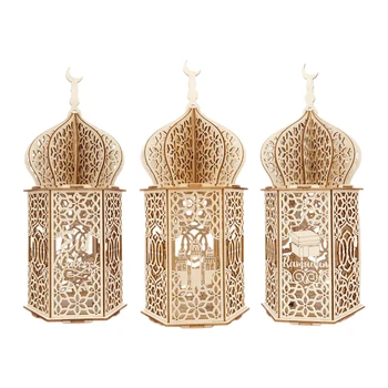

TOP Wooden DIY Palace LED Night Light Eid Mubarak Decoration Ornament Muslim Wood Lantern Ramadan Decoration