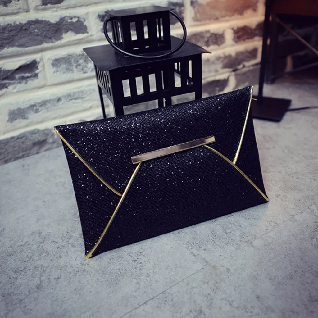  Women Evening Bag Pouch Sequins Envelope Black Handbag Sparkling Party Bag Solid Wedding Day Clutch - 4000179666759