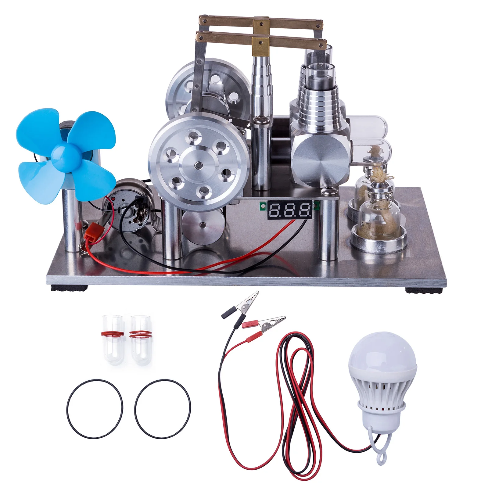 US $208.00 Balance Type Two Cylinder Hot Air Stirling Engine Generator Model Science Experiment Educational Toy with Fan Voltage Meter Bulb