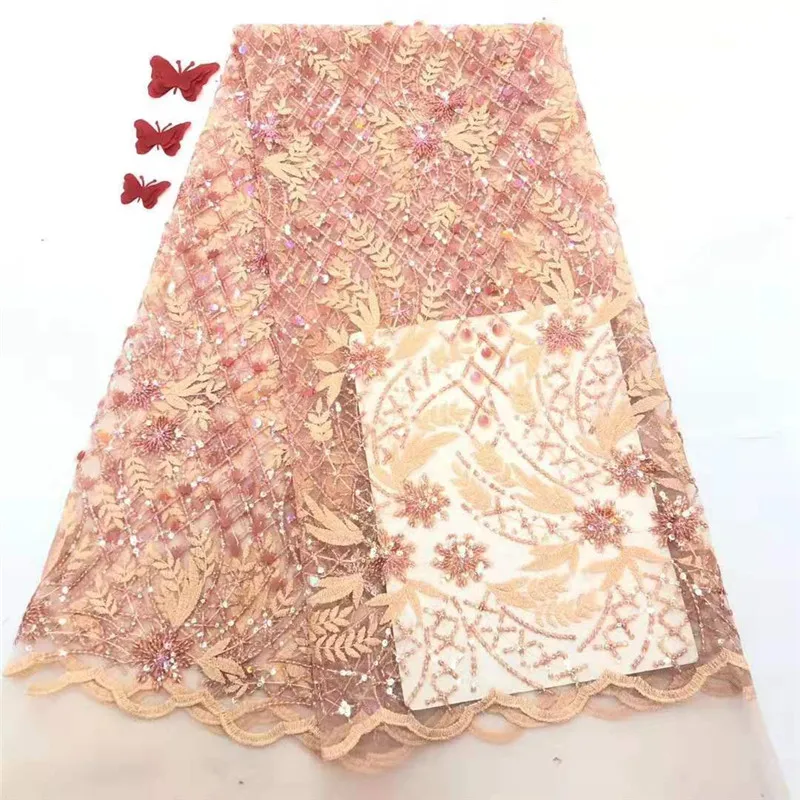 

Burnt Orange Color Nigerian Lace Fabrics 2019 Newest Embroidery Luxury French Tulle Lace With Many Sequins For Wedding Dress