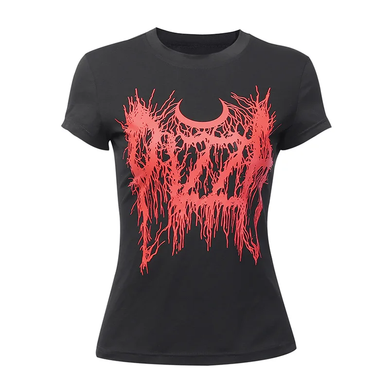 

19 Years Summer Women'S Short Sleeve T-Shirt Dark Wind Black Vintage Print Cotton T-Shirt Round Neck Short Sleeve Clothing