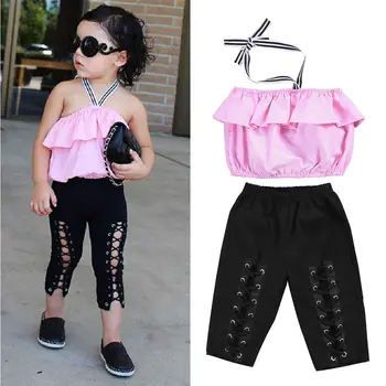 

Girls Fashion Clothing Set Hot Toddler Kids Girls Off Shoulder Halter Tops Elastic Pants Outfits 2Pcs Set 1-6T Fille Street