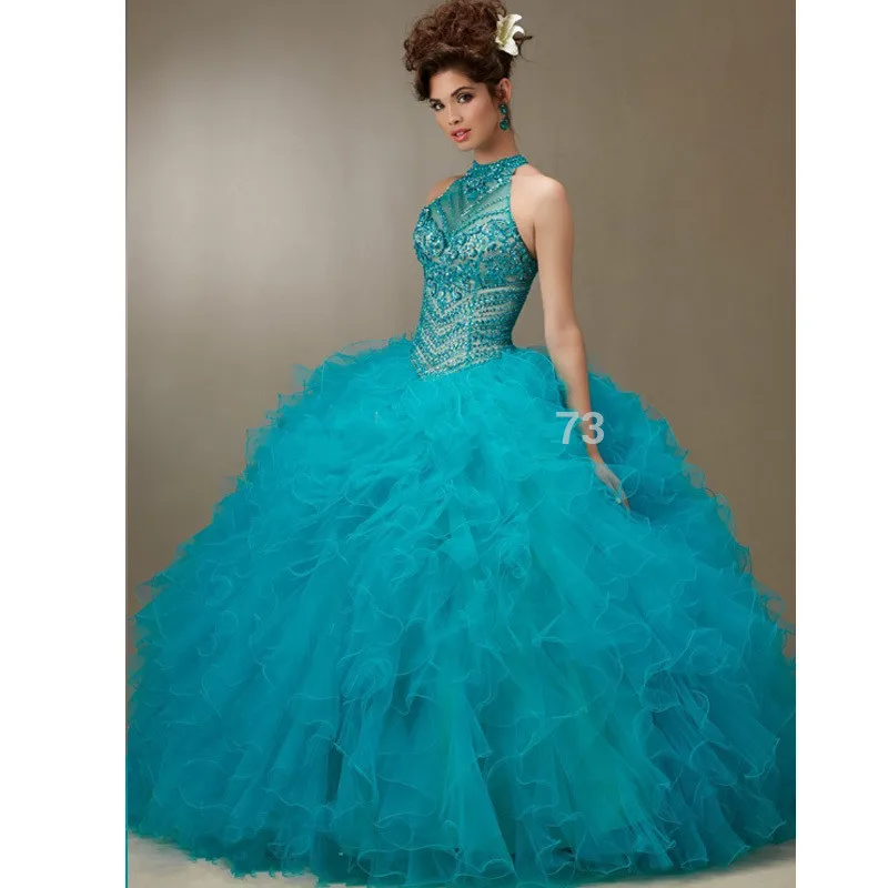 

Blue 2019 Quinceanera Dresses Ball Gown High Collar Organza Ruffles Beaded Crystals Cheap Sweet 16 Dresses