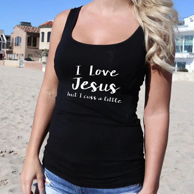 I Love Jesus But I Cuss A Little Shoulder футболки женские безрукавки женская одежда хлопок черный топ уличная одежда Прямая поставка