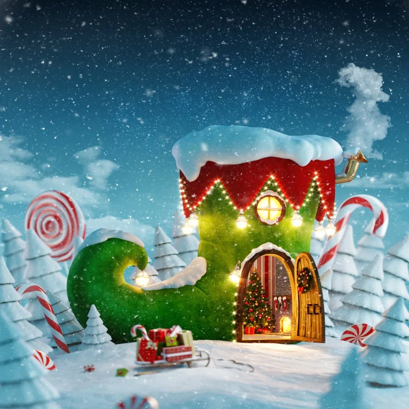 Laeacco Photo Backdrop Winter Christmas Fantasy Cartoon Shoe Hut Sled Forest Snowscape Scene Child Shoot Photography Background |