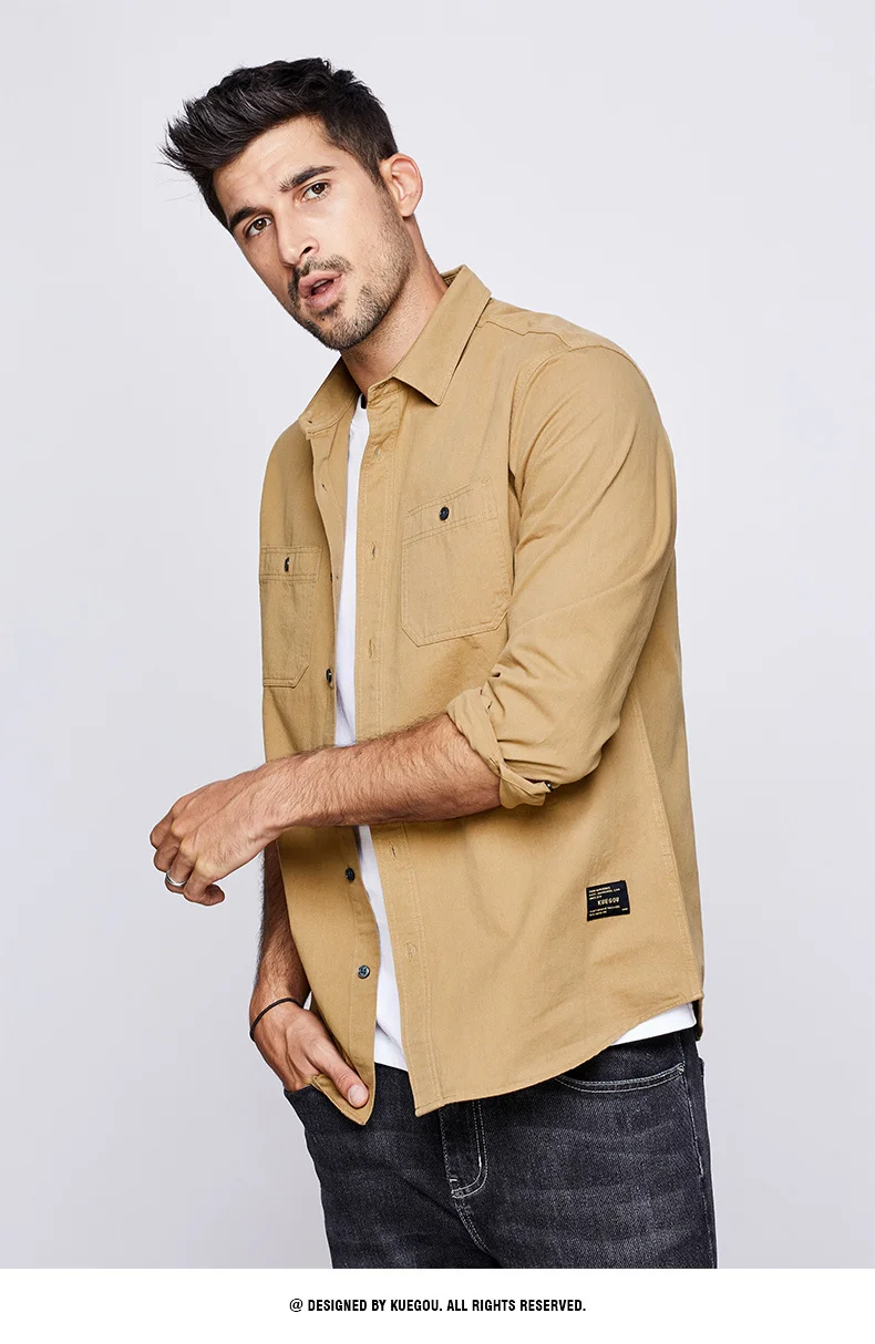 KUEGOU осень хлопок рубашка с вышивкой мужская одежда на пуговицах Повседневная приталенная с длинным рукавом для мужчин Модная брендовая блуза 6876