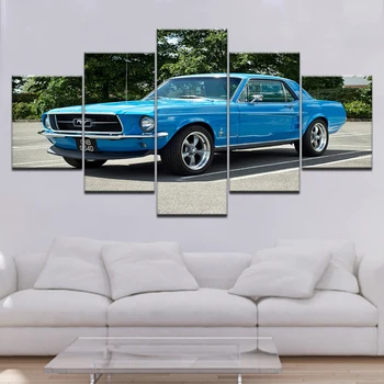 

Artwork Retro Blue Sports Car Poster Home Decor Wall Art 5 Pieces Picture Ford Mustang Racing Car Canvas Painting HD Print Frame