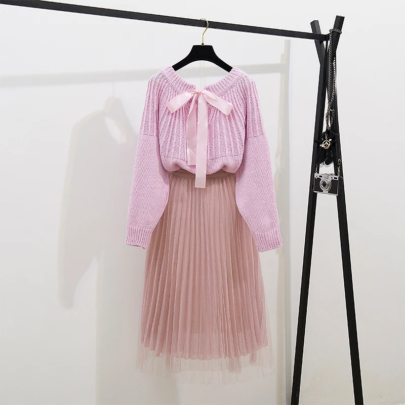 bow lantern sleeve knitted pullovers a word skirt of tall waist gauze fairy skirts leisure suit women 2 pcs clothing set