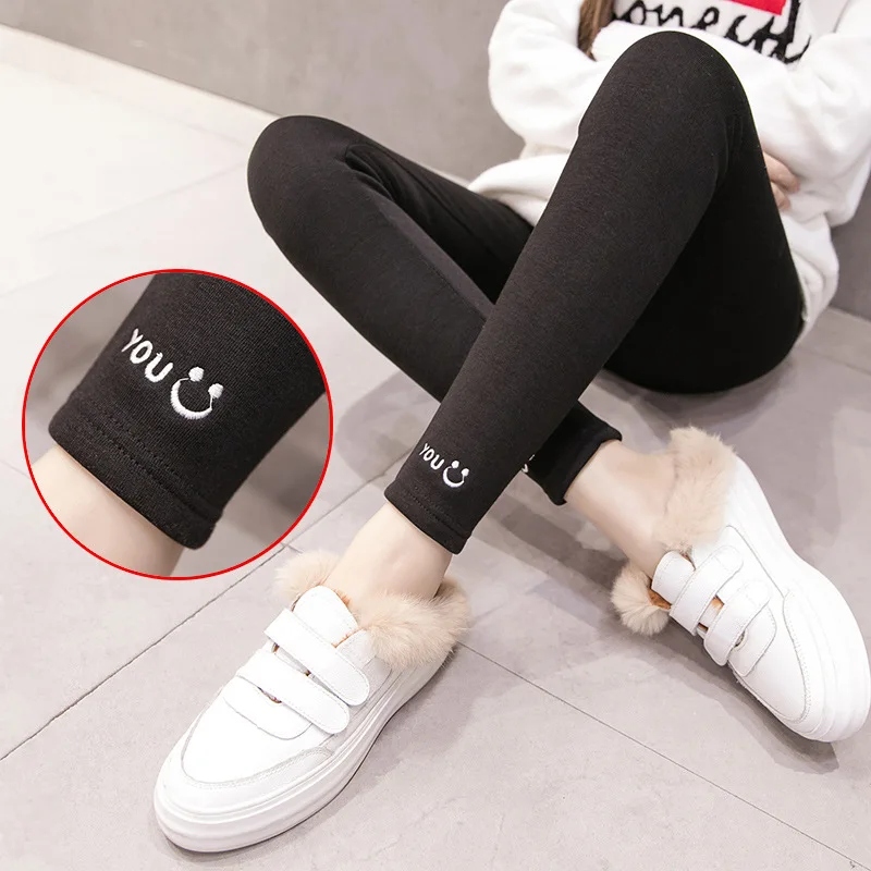 Winter Autumn Pregnancy Pregnant Women Leggings Letter Smile Pants Warm Velvet Nursing Abdomen Clothes For Maternity Skinny
