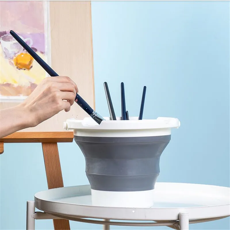 2.7 L Folding Pen Washing Bucket Gray Drawing Painting Art Buckets Pens Barrel Container Round Paint Cups Kids Brush Pen Holder