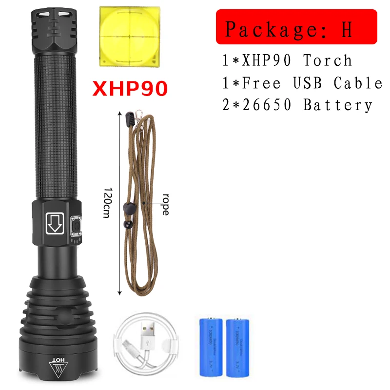 Яркий Перезаряжаемый светодиодный светильник-вспышка XHP90, мощный фонарь XHP70.2, супер водонепроницаемый фонарь с зумом, охотничий светильник, 18650 или 26650 Battey - Испускаемый цвет: Package H-XHP90
